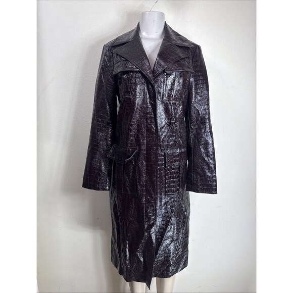 TOPSHOP Women's Patent LeatherCrocodile Embroided Trench Coat